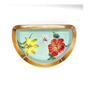 Arte Italica Half Circle Dish Blue w/ Flowers & Butterfly Made in Italy